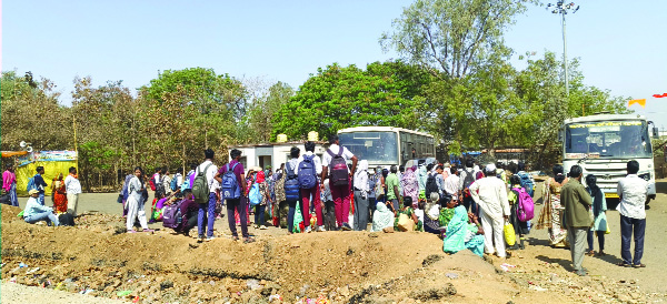 शालेय विद्यार्थ्यांसह प्रवासी करतात झाडाखाली बसून बसची प्रतीक्षा